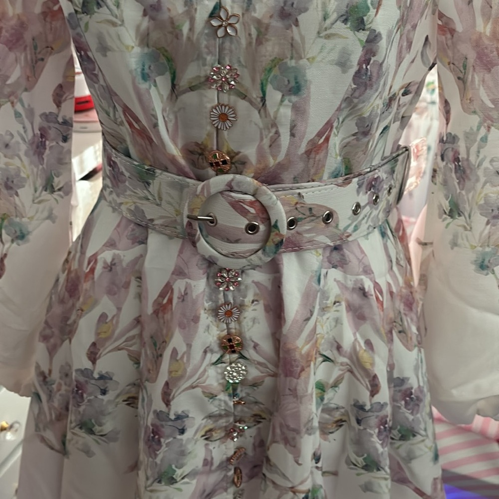 Women's Floral Print Dress Stand Collar Long Sleeve and floral Belt. - Picture 7 of 7